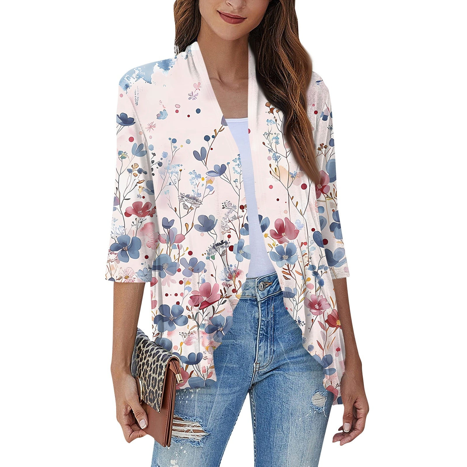 Summer Sweaters Ruffled ZKIRBJV Summer Sweaters 3/4 Sleeve Lightweight Cardigans for Women Open ...