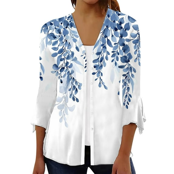 ZKIRBJV White Cardigan Sweater for Women 3/4 Sleeve Cardigan for Women Lightweight Open Front Shrug Cardigan Floral Print Dressy Casual Cute Cardigan Capes Blue M