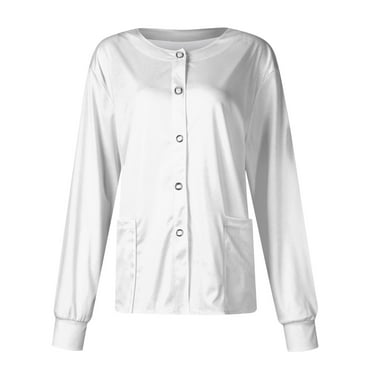 ZKIRBJV White Lab Coat for Women Button Down Warm Long Sleeve Scrubs Tops Lightweight Winter Oversized Scrub Jackets Stretch Medical Nursing Working Cardigan with Pocket White S