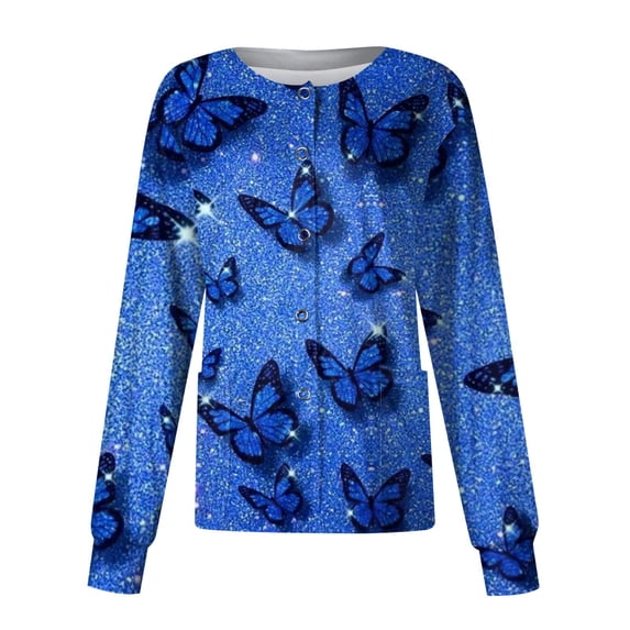 ZKIRBJV Women's Scrub Jacket Long Sleeve Warm-Up Button Down Scrubs Coats Fall Butterfly Printed Oversize Scrub Jacket Stand-Up Collar Work Medical Nurse Lab Tops with Pocket Blue 3XL