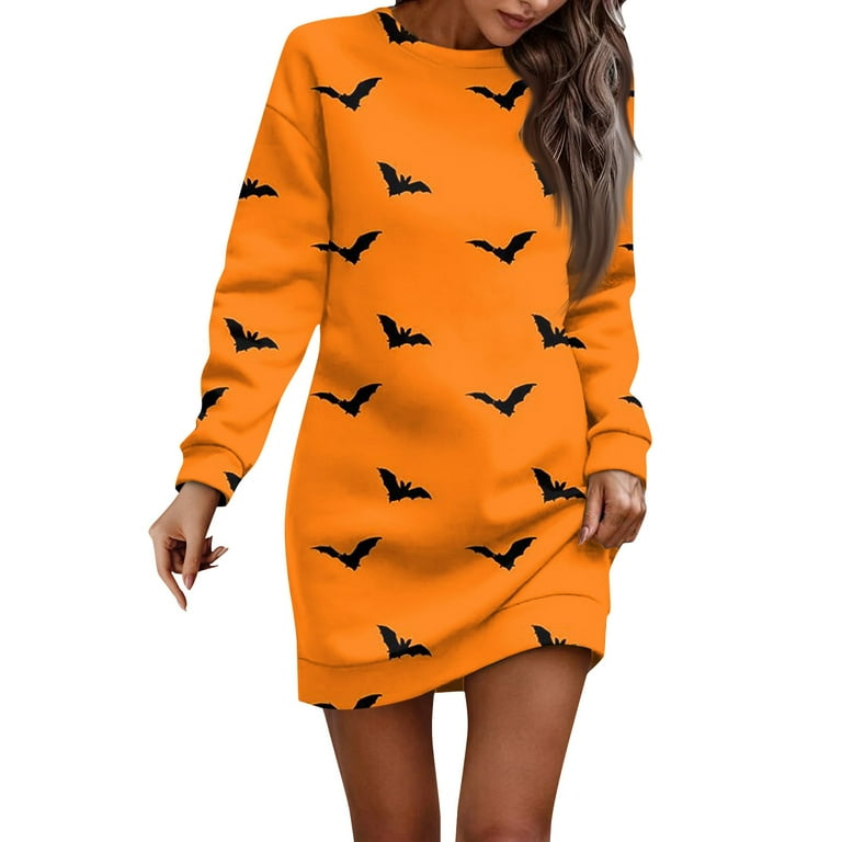 ZKIRBJV Womens Halloween Sweatshirt Dress Daily Long Sleeved Oversized Sweater Dresses Holiday Crew Neck Pumpkin Graphic Sweatshirt Dresses Scary Fall Casual Loose Comfy Pullover Costume Yellow XL Wal...