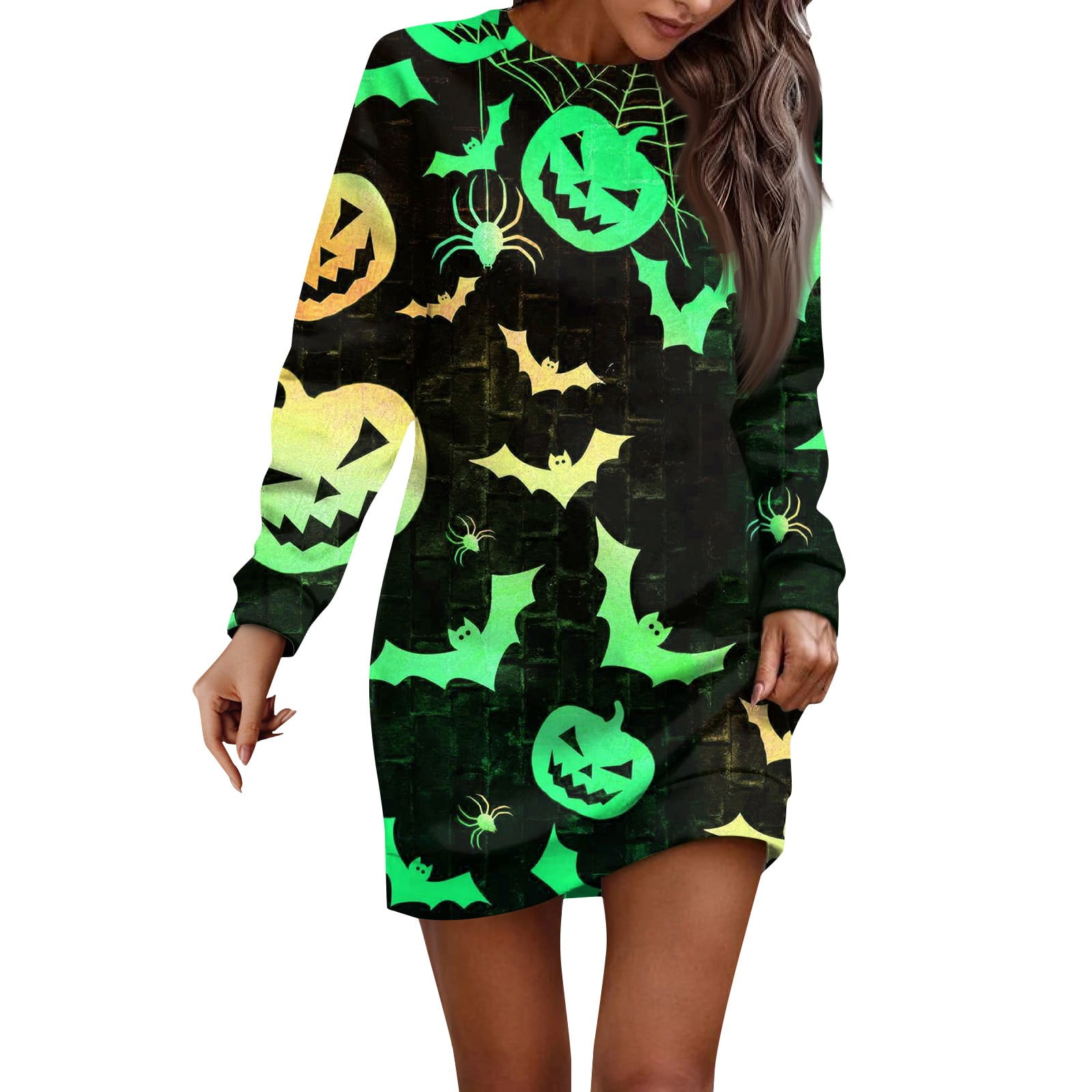 ZKIRBJV Womens Halloween Sweatshirt Dress Long Sleeve Plus Size Spider Web Print Sweater Dress Club Crewneck Holiday Sweatshirt Dress Scary Casual Winter Pullover Sweaters Fluorescent Green M Walmart....