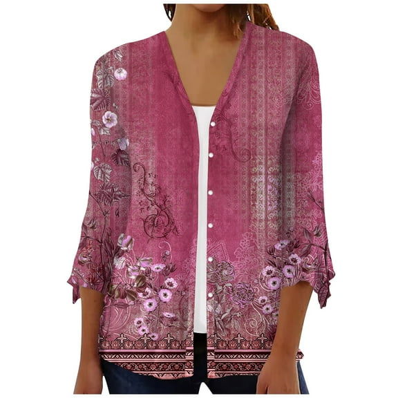 ZKIRBJV Womens Kimono 3/4 Sleeve Lightweight Cardigans for Women Open Front Shrug Cardigan Floral Print Dressy Draped Thin Cardigans Hot Pink XL