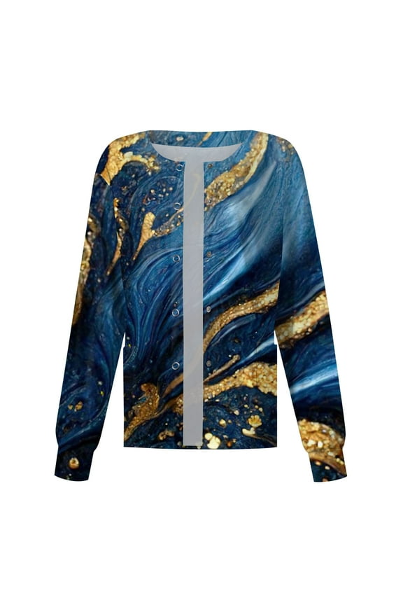 Womens Scrub Jacket Long Sleeve Warm Up Button Up Scrubs Tops Stand-Up Collar Butterfly Printed Oversize Scrub Jacket Spring Medical Nurse Work Uniform with Pockets Blue S