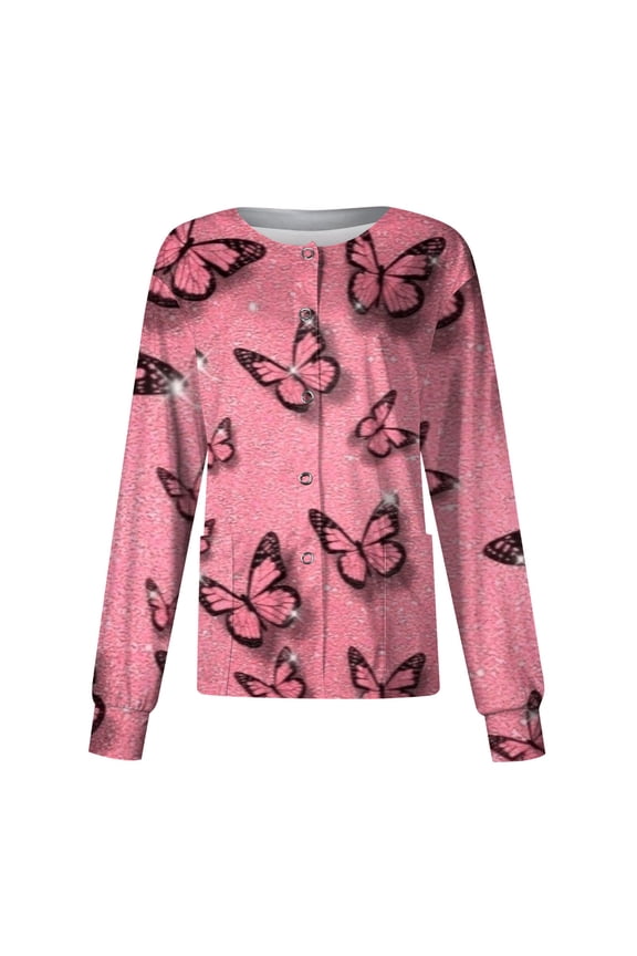 Womens Scrubs Long Sleeve Warm Snap Front Scrubs Coats Stand-Up Collar Butterfly Print Plus Size Scrub Jacket Winter Medical Nurse Working Workwear with Pockets Pink S