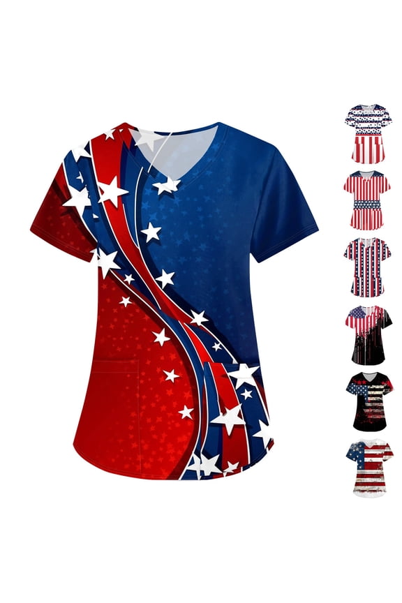 ZKIRBJV Womens Scrubs V-Neck Flag Printed Plus Size Scrub Top Short Sleeve Stretchy Working Uniform Medical Nursing Scrubs with Pockets Beige 3XL