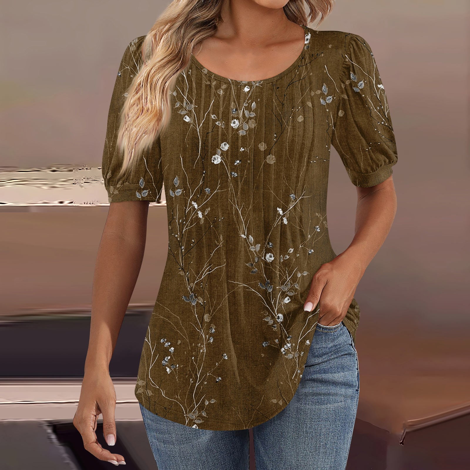 ZKIRBJV Womens Summer Tops Pleated Front Scoop Neck Tshirts Ethnic ...