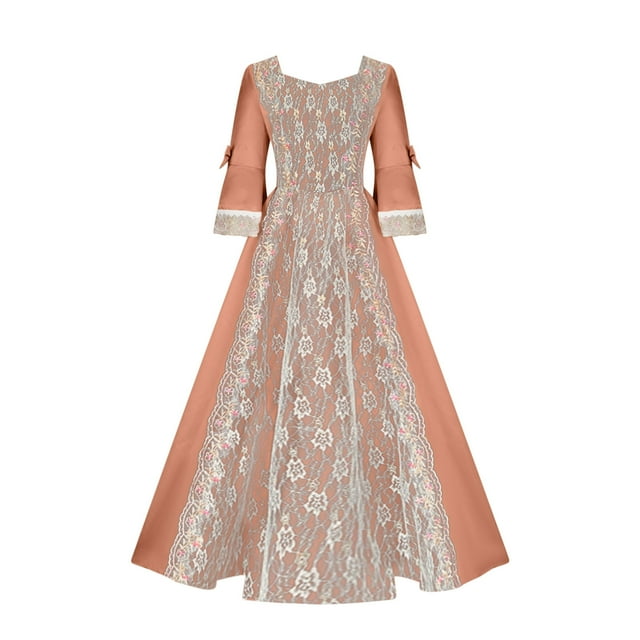 ZKOZPTOK Women's Medieval Renaissance Gowns Dress Vintage Flared Long Sleeve Floral Lace Patchwork Prom Maxi Dress