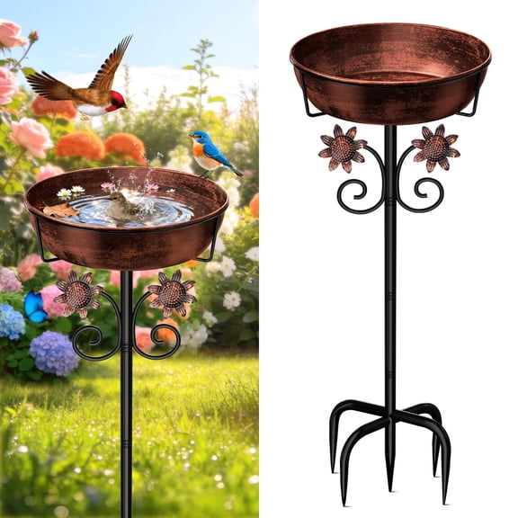 ZKSNART 3" Deep Metal Bird Bath for Outside, Removable 12" Dia Vintage Bird Baths Bowl for Outdoors with Stable 5-Prong Stake, 37" H Freestanding Birdbath for Garden Patio Yard Lawn (Brush Bronze)