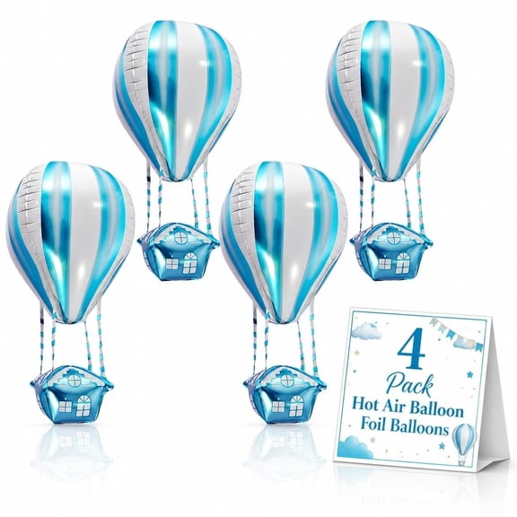 ZKSNART 4D Hot Air Balloon Foil Balloons 35 Inch Blue Helium Mylar Floating Aluminum Decorations for Kids Birthday Party Baby Shower Nursery Room Decor Supplies (4pcs)
