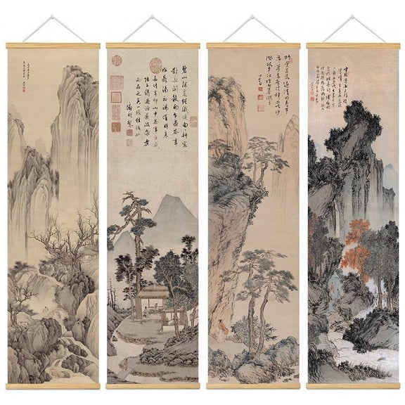ZKSNART 4pcs, Traditional Chinese Landscape Painting Classic Ancient Landscape Wall Art Poster,Canvas Printing,Wood Scroll Painting Decor for Bedroom Living room(Brown, 43.31L x 11.81W, Framed)