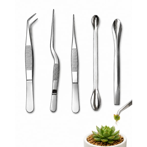 ZKSNART 5 Pcs ucculent Tweezers Set, 6.3-Inch Stainless Steel Garden Tweezers, Straight and Curved Plant Tweezers for Repotting Succulents, Cactus, Bonsai, Terrariums and Houseplants