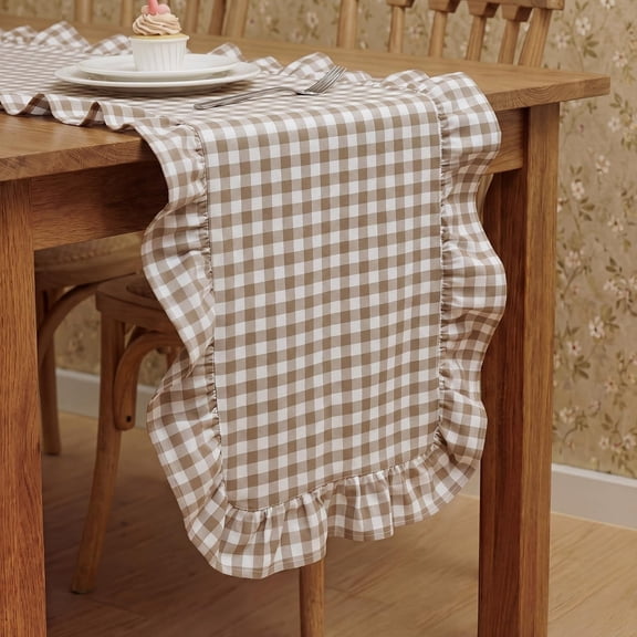 ZKSNART Brown Gingham Table Runner 12''x71'' Cotton Ruffle Checkered