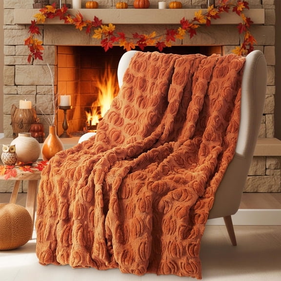 ZKSNART Fall Halloween Pumpkin Throw Blanket 50" x 60", 3D Pumpkin Pattern Faux Rabbit Fur Fleece Blanket, Soft Cozy Rust Autumn Throw for Couch Sofa Bed, Thanksgiving Gift for Women Mom(Rust)