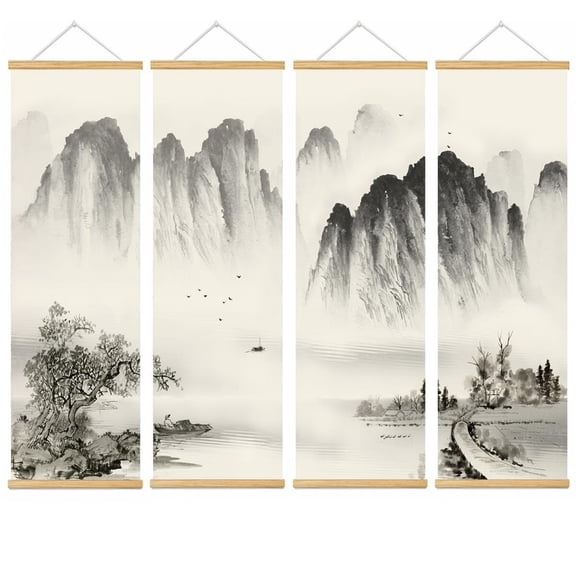 ZKSNART Handmade Hanging Asian Wall Decor, Chinese traditional Ink Landscape Painting Set Fixed Wooden Hanging Scroll - 18"x30" (light green, 37L x 12W)