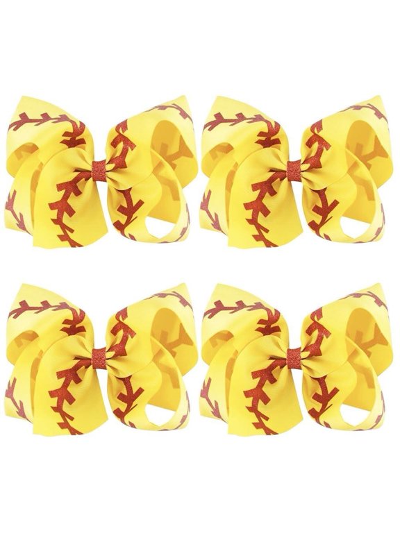 4 Pcs Softball Glitter Hair Bow Clips 4.5 Inch Grosgrain Ribbon Bows with Alligator Clips Handmade Baseball Hair Barrettes Hair Accessories for Girls Teens(Yellow)