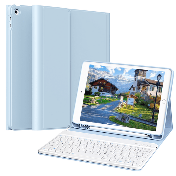 ZKTUYU Keyboard Case for iPad 9th Generation 2021/8th Gen 2020/7th Gen 2019 10.2 Inch, Stand Folio Keyboard Cover with Pencil Holder, Magnetically Detachable Wireless Bluetooth Keyboard, Blue