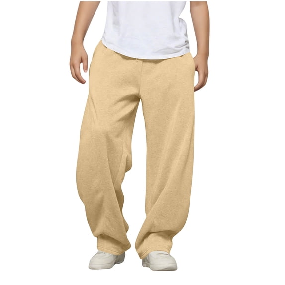 ZKunhua Boys Joggers Sweatpants Elastic Waist Drawstring Straight Leg Baggy Pants Casual Athletic Joggers Sweat Pants with Pockets ,Khaki,14-15 Years