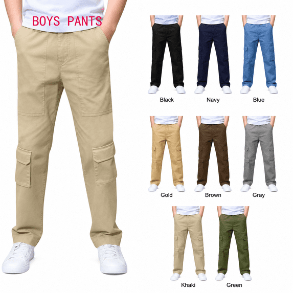 ZKunhua Boys Multi-Pocket Cargo Pants Elastic Waist Kids Casual Straight Leg Workwear Trousers Black 3-4 Years