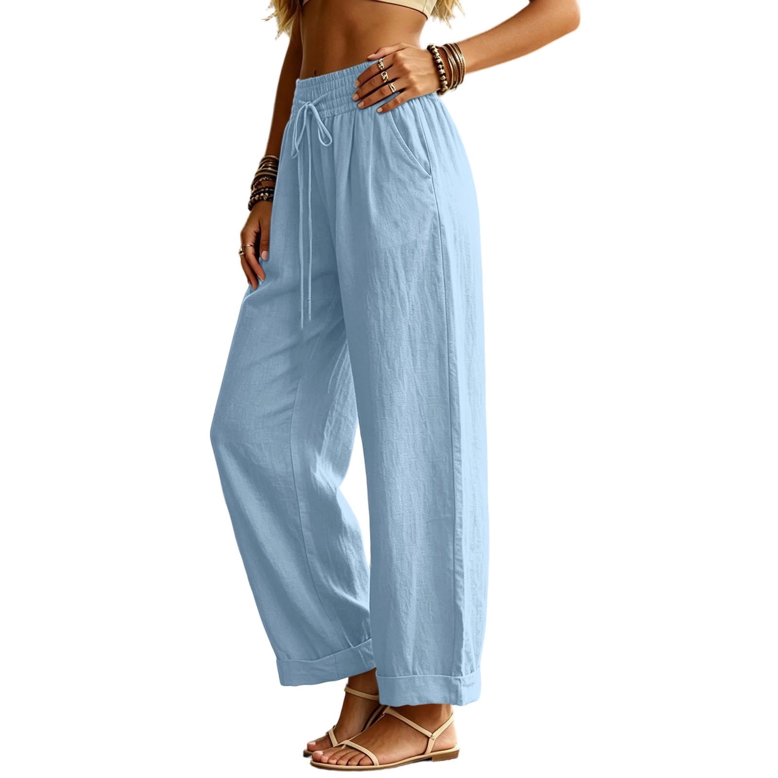 ZKunhua Women's Cotton Linen Pants Solid Color Drawstring Elastic Waist ...