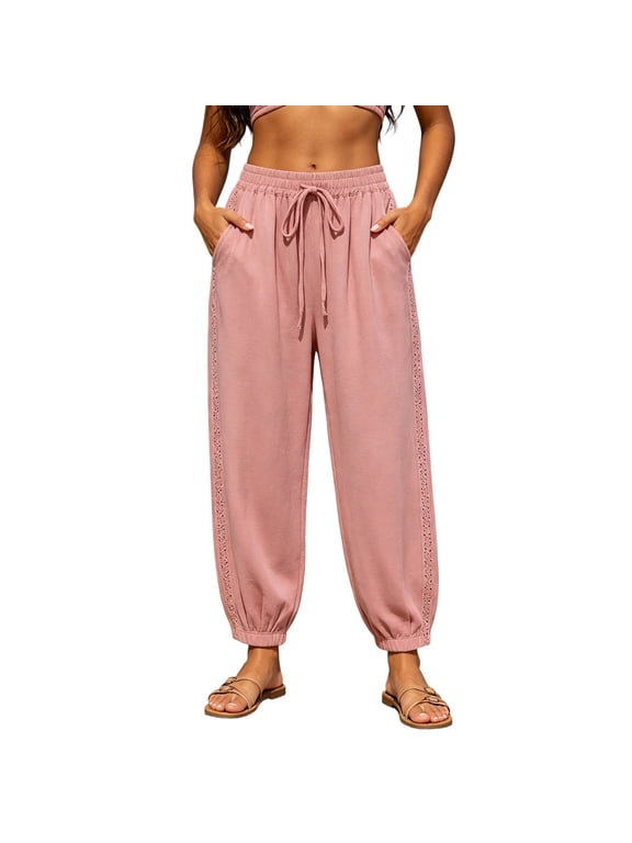 Women's Harem Pants Drawstring Waist Crochet Lace Side Trousers Casual Summer Beach Boho Loose Fit Cuffed Pants (Pink,M)