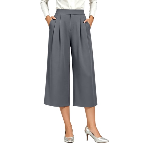 ZKunhua Women's Wide Leg Capri Pants High Waist Cropped Trousers with Pockets Casual Summer Work Office Dressy Lightweight Flowy Pants (Gray,XL)