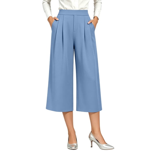 ZKunhua Women's Wide Leg Capri Pants High Waist Cropped Trousers with Pockets Casual Summer Work Office Dressy Lightweight Flowy Pants (Light Blue,S)