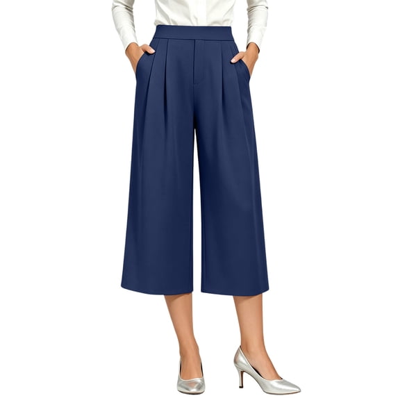 ZKunhua Women's Wide Leg Capri Pants High Waist Cropped Trousers with Pockets Casual Summer Work Office Dressy Lightweight Flowy Pants (Navy,M)