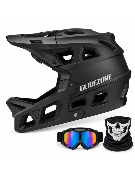 Full Face Bicycle Helmet for Teens & Adults, Size L (23.23–24.02 in), Black, with Goggles & Neck Gaiter, Offroad Downhill Mountain Bike Helmet for Outdoor Sports
