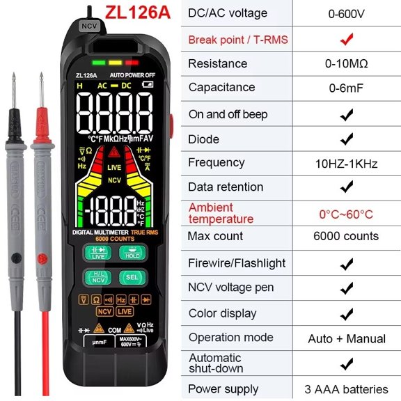 ZL128B For RMS Digital Multimeter With Temperature Probe, AC/DC Current And Voltage Measurement,USB-Rechargeable For Electrical Testing And Industrial (ZL126A)