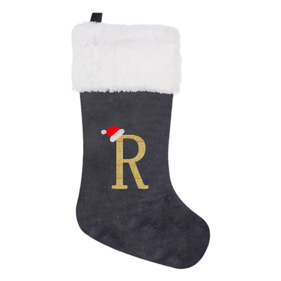 ZLBDYG Christmas Stocking with White Plush Trim, Grey Letter Design Christmas Ornament, Cute Hanging Decoration for Xmas Tree, Festive Gift Bag for Holiday Season, Family Name Stockings