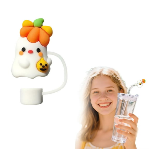 ZLBDYG Cute Halloween Silicone Straw Cover - Reusable Straw Topper Lids Portable Accessories with 3D Pumpkin Bat Ghost & Black Cat Decor for Stanley Cup Decoration and Party Favors