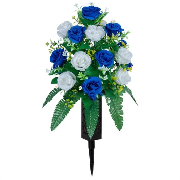 ZLBDYG Fade Silk Cemetery Memorial Flowers with Vase - Realistic Artificial Roses for Graveside Decor, Home Table Centerpiece, or Loved One Tribute