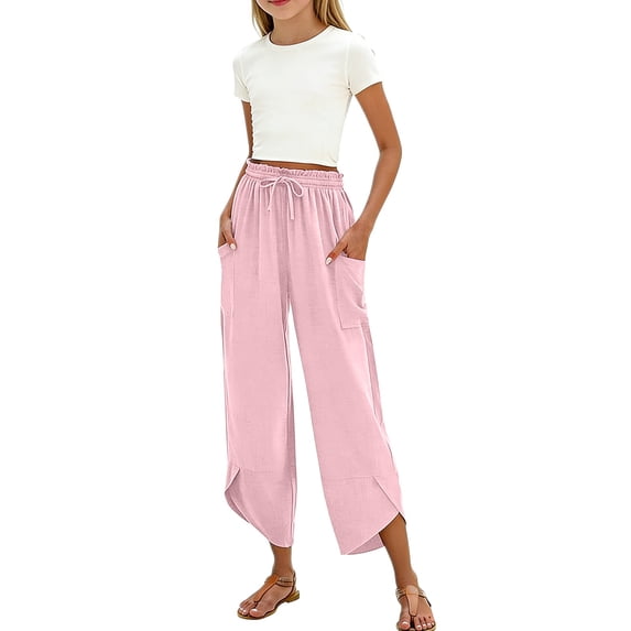 ZLBDYG Girls Pants Linen Summer Casual Capri Pant Drawstring Elastic High Waist Loung𝐞 Wide Leg Cropped Gauze Trouser with Pockets