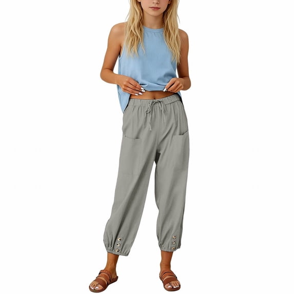 ZLBDYG Girls Pants Linen Summer Casual Capri Pant Drawstring Elastic High Waist Wide Leg Cropped Trouser Pockets Loose Gauze Pants