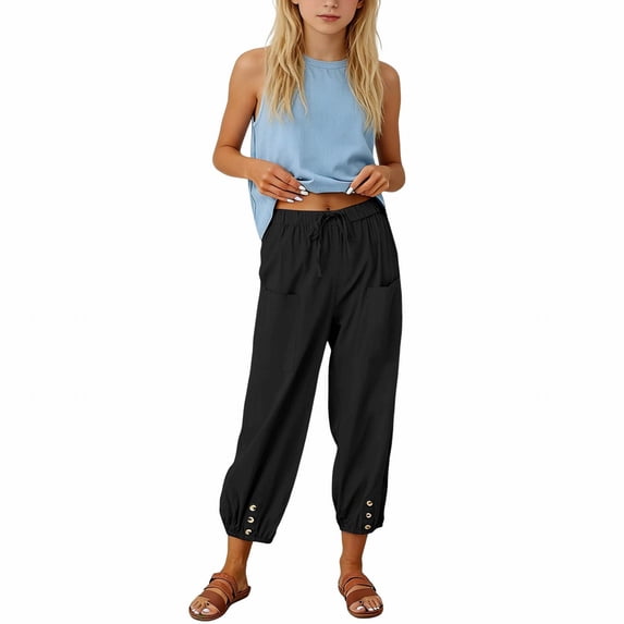 ZLBDYG Girls Pants Linen Summer Casual Capri Pant Drawstring Elastic High Waist Wide Leg Cropped Trouser Pockets Loose Gauze Pants