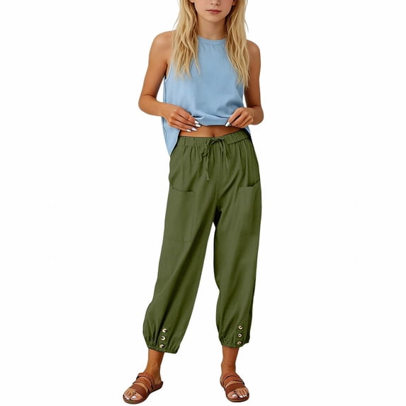ZLBDYG Girls Pants Linen Summer Casual Capri Pant Drawstring Elastic High Waist Wide Leg Cropped Trouser Pockets Loose Gauze Pants