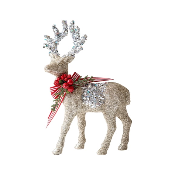 ZLBDYG Glittering Reindeer Figure with Striped Bow & Berries Decor - Christmas Deer Ornaments for Family Display Collection - Window Scene Matching Decorations for Christmas Atmosphere Creation
