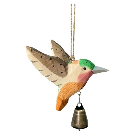ZLBDYG Hand-Carved Wooden Hummingbird Ornament – Nature-Inspired Hanging Garden Decor with Bell, Unique Handmade Gift for Bird Lovers & Home Decoration