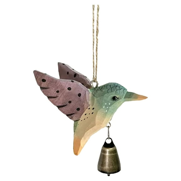 ZLBDYG Hand-Carved Wooden Hummingbird Ornament – Nature-Inspired Hanging Garden Decor with Bell, Unique Handmade Gift for Bird Lovers & Home Decoration