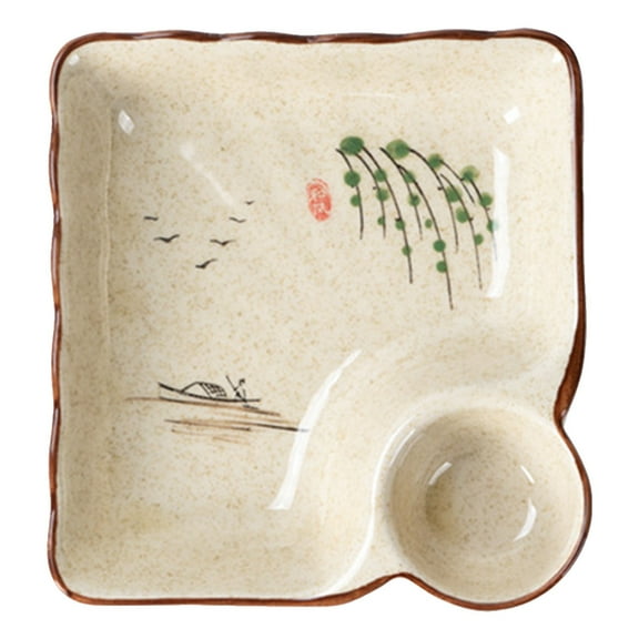ZLBDYG Hand Painted Ceramic Square Plate with Dipping Sauce Tray, Retro Style Serving Tray for Dumplings, Sushi & Soy Sauce, Elegant Under Glaze Home Dining and Party Dishware