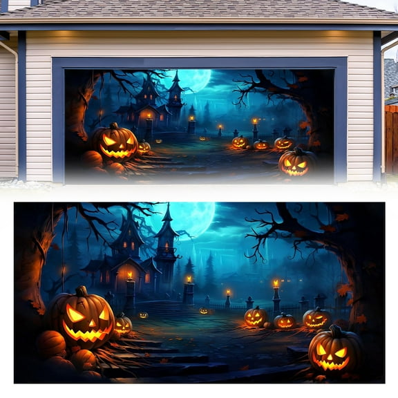 ZLBDYG Large Halloween Garage Door Cover Decorations - Scary Pumpkin Castle Bat Theme Printed Vinyl Hanging Wall Display for Outdoor House Party Festive Backdrop