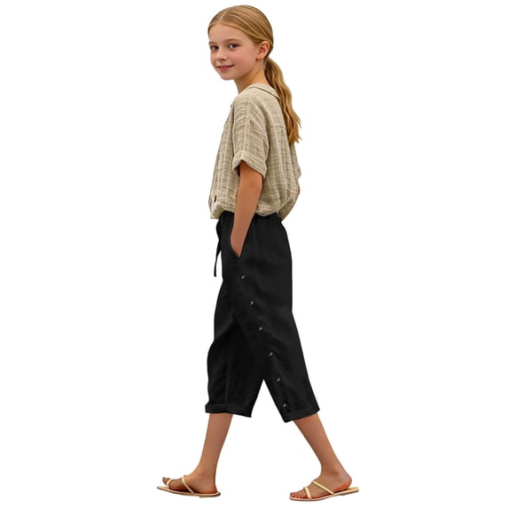ZLBDYG Linen Capri Pants Girls 2026 Spring Summer Casual Drawstring Side Button Capris Kids Elastic Waist Wide Leg Cropped Shorts