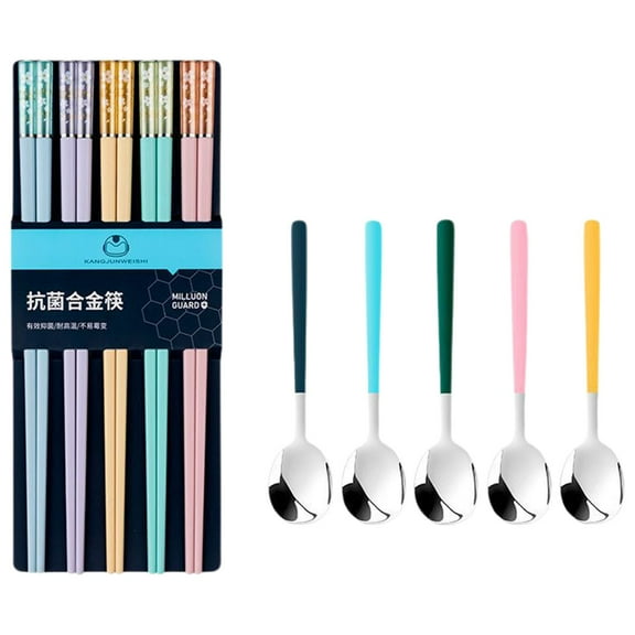 ZLBDYG Reusable Metal Chopsticks & Spoon Set - Dishwasher-Safe Non-fiberglass Chinese & Japanese Utensils, Durable Everyday Chopstick Pairs for Home Dining and Takeout