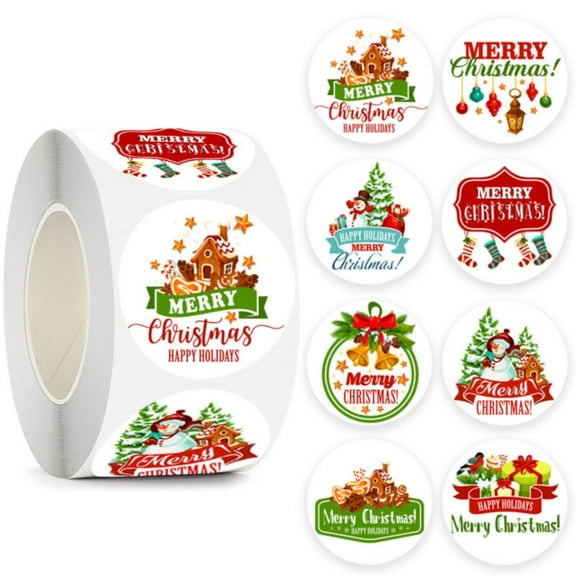 ZLBDYG Round Merry Christmas Sticker Rolls - 8 Patterns Self Adhesive Envelope Seals for Gift Cards Tags Xmas Crafts Decorative Scrapbooking and Holiday Labeling