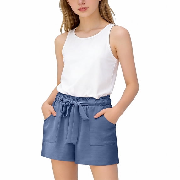 ZLBDYG Teen Cotton Linen Shorts Girls Oversized Elastic Waist Wide Leg Shorts Drawstring Summer Casual Beach Short Pants with Pocket