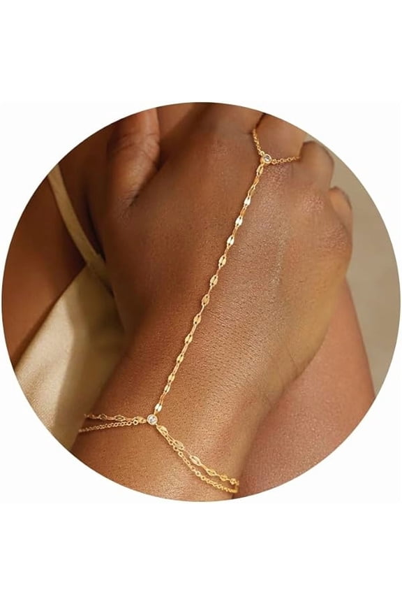 14k Gold Plated Hand Chain Bracelet for Women Trendy, Dainty Ring Bracelets Hand Chain Finger Nail Bracelet Simple Gold Hand Jewelry for Women Gifts