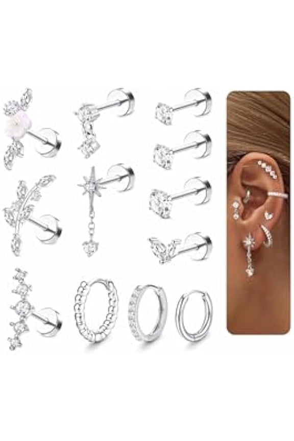 16 Gauge Cartilage Earrings for Women Flat Back-Hypoallergenic Surgical Stainless Steel Stud Hoop Cartilage Earring Set Daith Conch Tragus Helix Piercing Jewelry Single PC