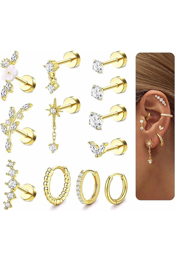 16 Gauge Cartilage Earrings for Women Flat Back-Hypoallergenic Surgical Stainless Steel Stud Hoop Cartilage Earring Set Daith Conch Tragus Helix Piercing Jewelry Single PC