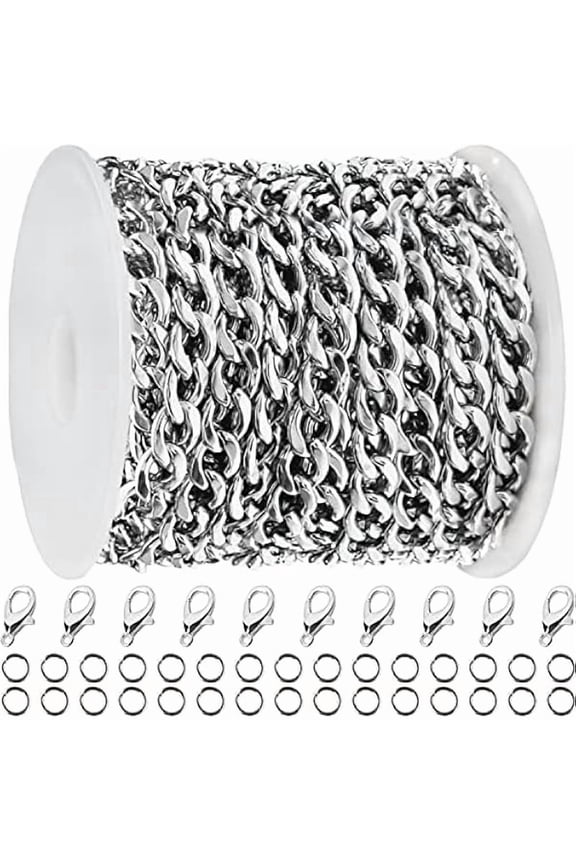 16ft Cuban Link Chain Roll 6mm Silver Stainless Steel Necklace Chains for Jewelry Making, DIY Necklace Bracelet Crafts Supplies Findings, Metal Cuban Link Chain w/Lobster Clasps, Jump Rings